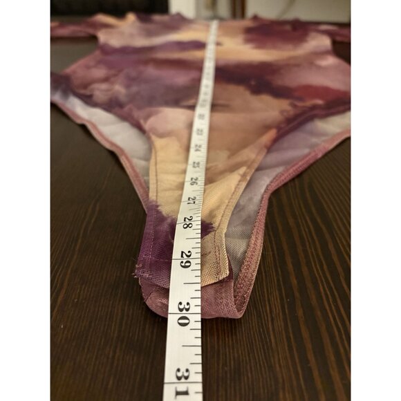Zara Long Sleeve Sheer Watercolor Print Bodysuit L Purple Brown Going Out Top - Picture 7 of 7